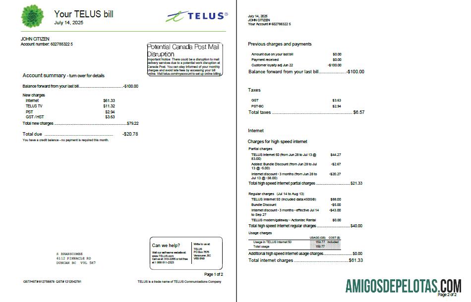 imprimível Modelo de conta de serviços públicos Telus do Canadá em formatos Word e PDF, 2 páginas